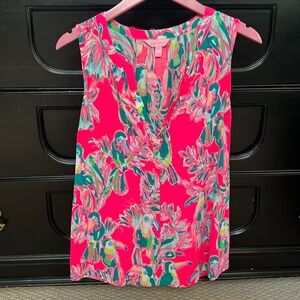 Lilly Pulitzer Sleeveless Blouse Bright Pink Notch Neck Stacey Tank Toucan M